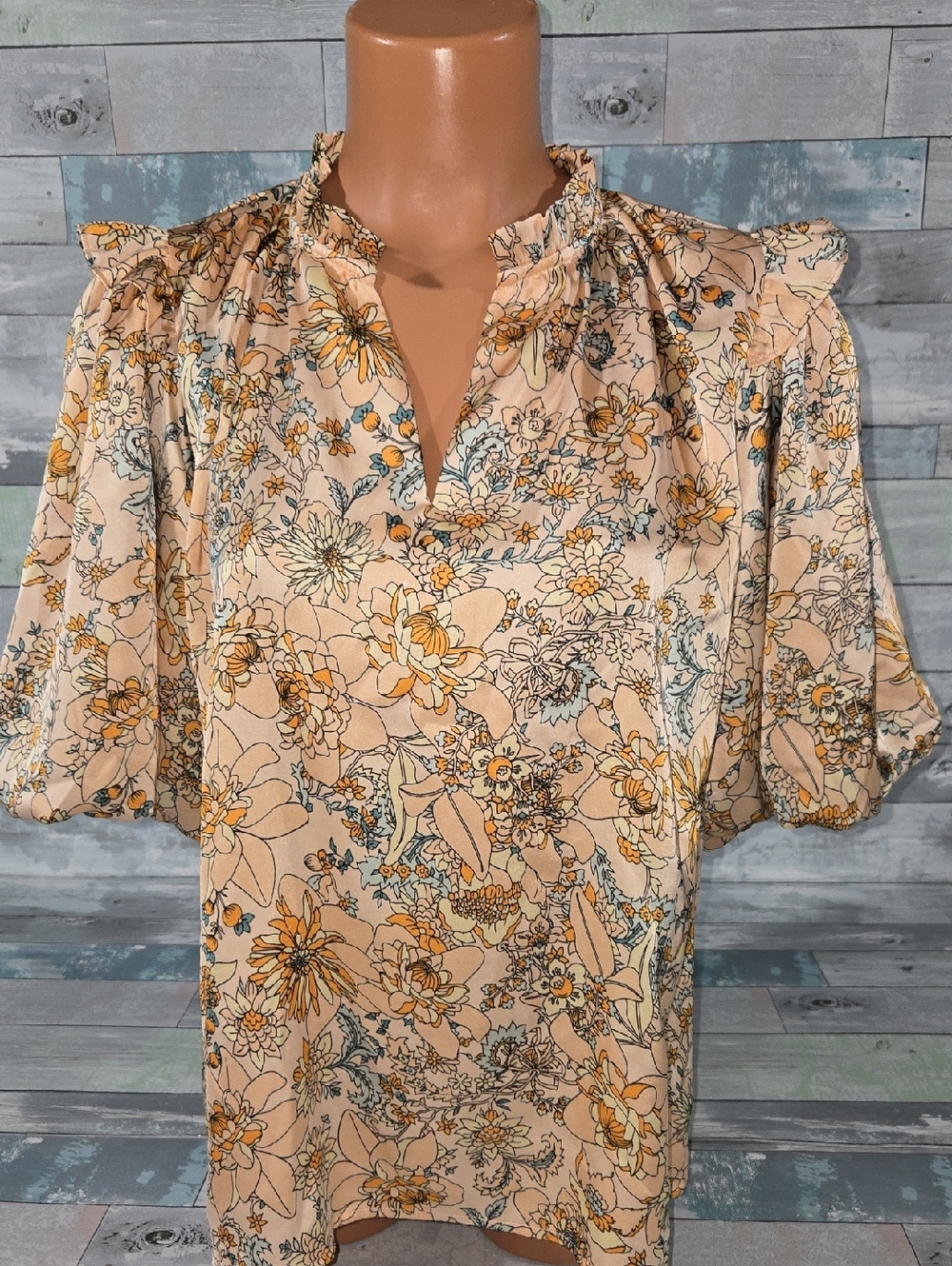 THML Peach Floral Ruffle-Neck Blouse/Shirt/Top Sz Medium